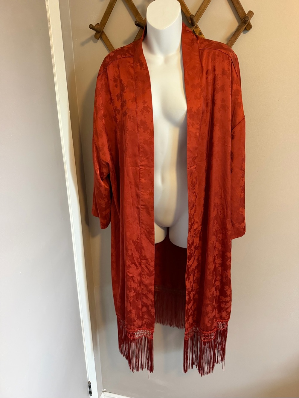 Autres Filles Terracotta Jacquard Floral Fringe Duster Kimono Cardigan L